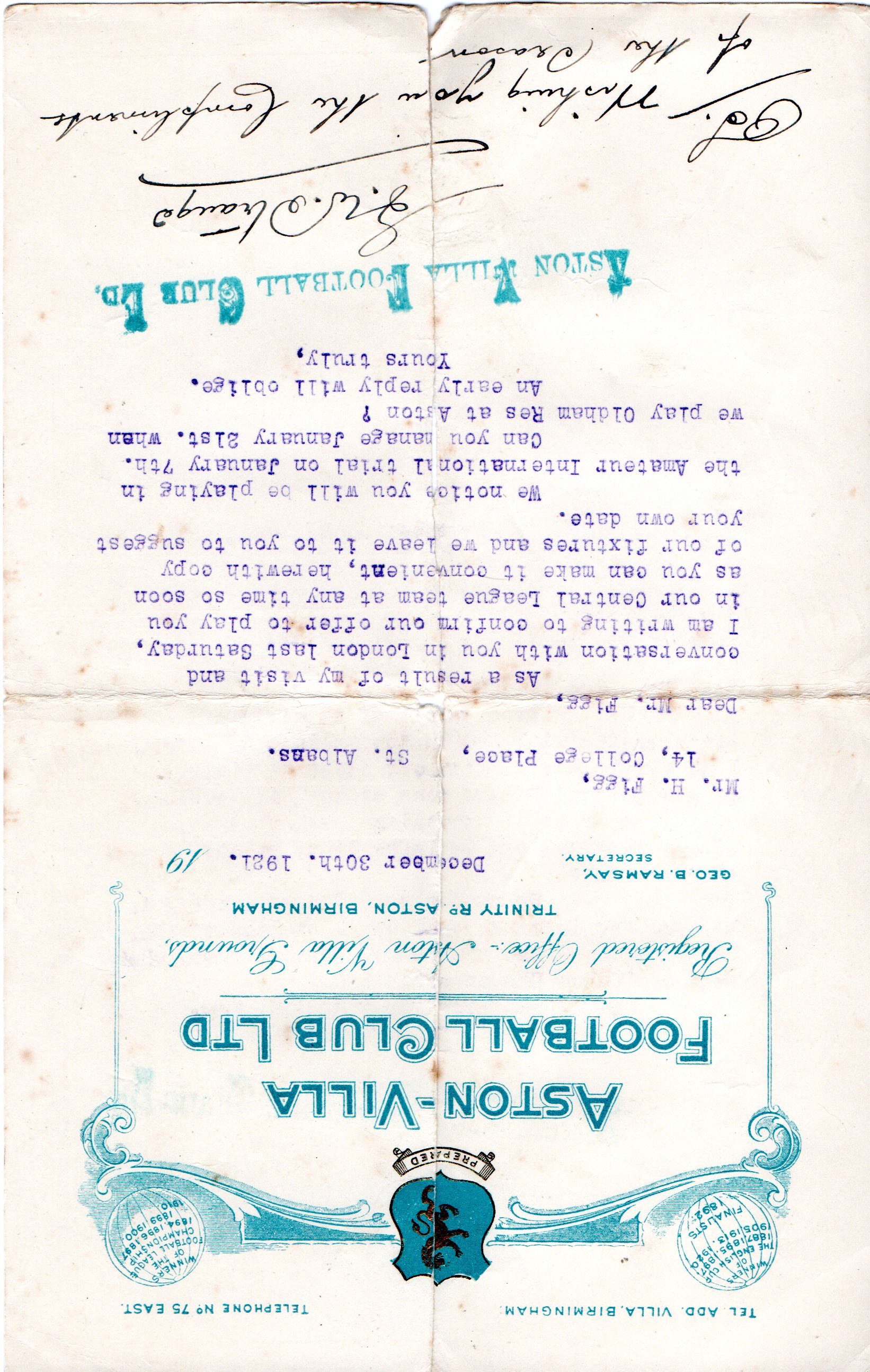 1b v Oxford City Aston Villa letter to Harold Figg 30 12 1921