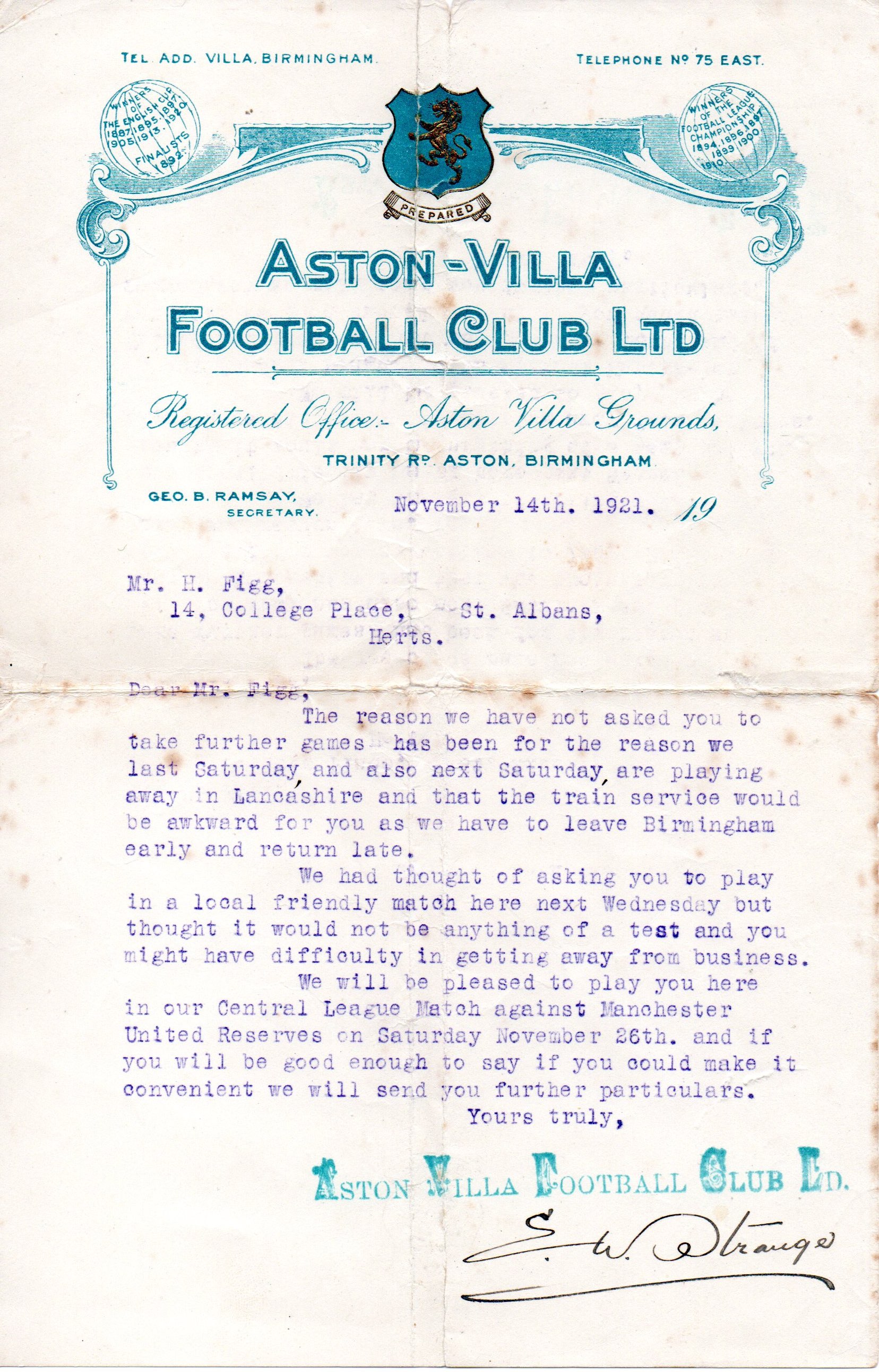 Aston Villa letter to Harold Figg 14 11 1921