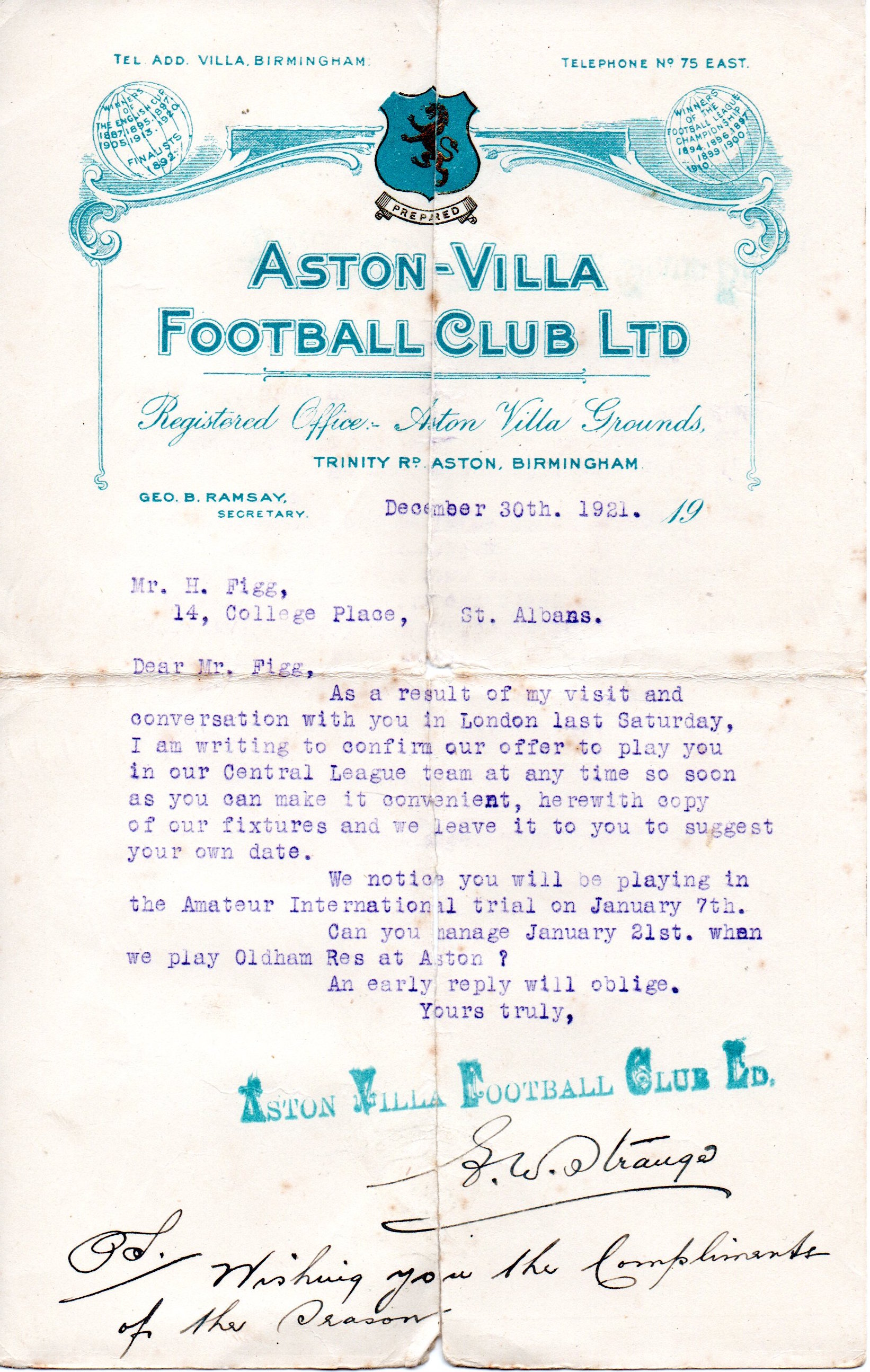 Aston Villa letter to Harold Figg 30 12 1921