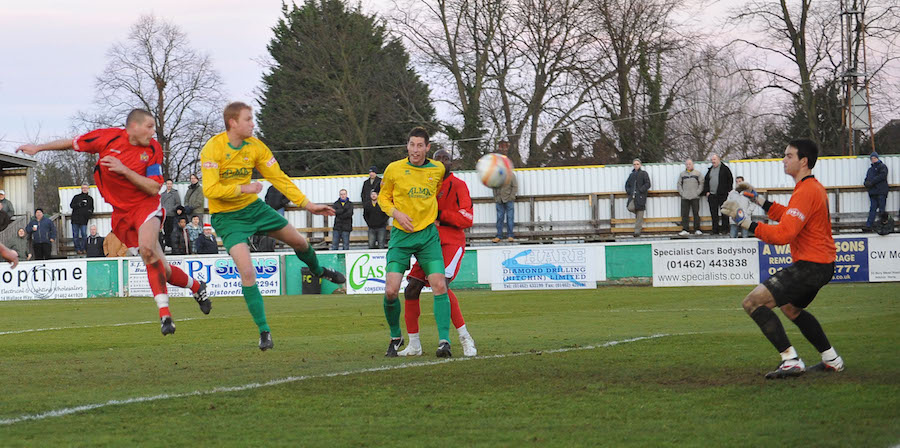 James Gray heads home the 3rd at Hitchin