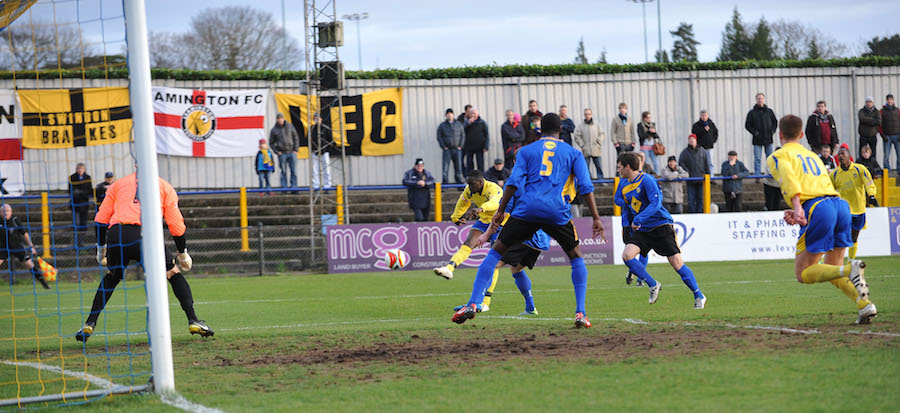 Sakho Bakare scores the first of his two against Leamington