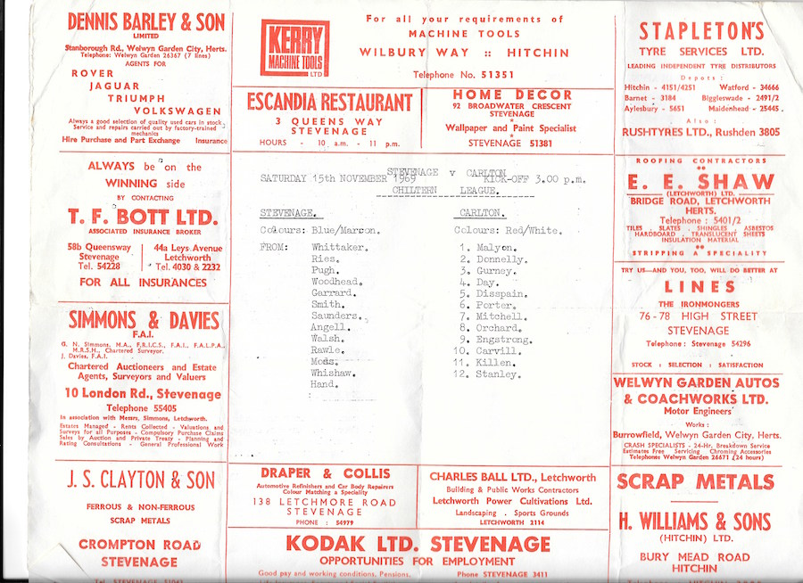 Stevenage v Carlton 15 Nov 1969